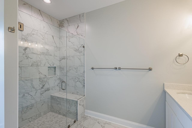 14758 Green View Dr, Elkton, VA 22827 - full bathroom with marble finish flooring, baseboards, a shower stall, vanity, and recessed lighting