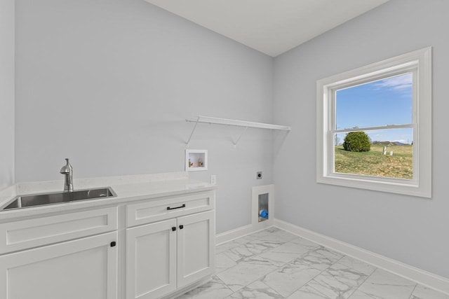 14758 Green View Dr, Elkton, VA 22827 - washroom featuring electric dryer hookup, light marble finish floors, cabinet space, baseboards, and washer hookup