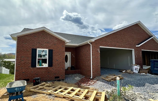 14758 Green View Dr, Elkton, VA 22827 - view of front of house featuring a garage, brick siding, crawl space, and a shingled roof