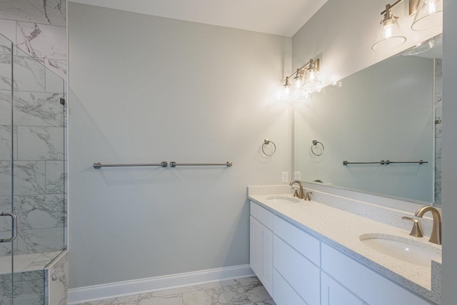 14758 Green View Dr, Elkton, VA 22827 - full bathroom with marble finish flooring, a shower stall, baseboards, and double vanity