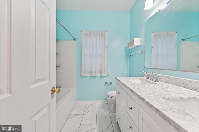10614 Rhoads Dr, Fredericksburg, VA 22407 - bathroom with double vanity, toilet, marble finish flooring, shower / bathtub combination, and baseboards