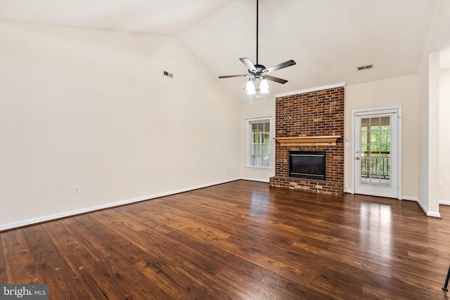 10614 Rhoads Dr, Fredericksburg, VA 22407 - unfurnished living room with a ceiling fan, hardwood / wood-style flooring, a fireplace, baseboards, and high vaulted ceiling
