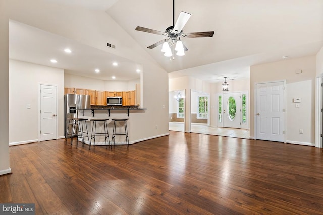 10614 Rhoads Dr, Fredericksburg, VA 22407 - living area featuring hardwood / wood-style floors, ceiling fan, baseboards, high vaulted ceiling, and recessed lighting