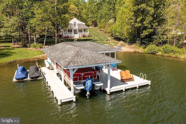 326 Anna Highview, Bumpass, VA 23024 - dock with boat lift, a water view, a wooded view, and a yard