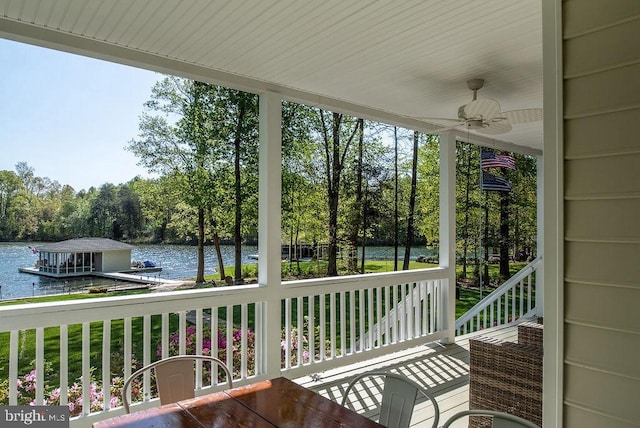 326 Anna Highview, Bumpass, VA 23024 - wooden deck featuring a water view, a ceiling fan, and view of wooded area