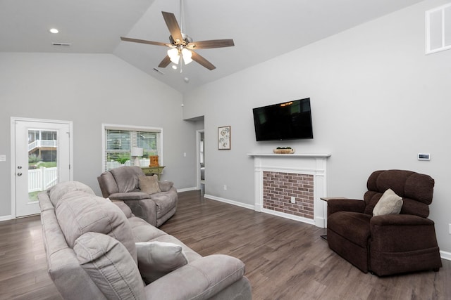 133 Lake View Cir, Waynesboro, VA 22980 - living area with a ceiling fan, dark wood-style floors, high vaulted ceiling, a tiled fireplace, and recessed lighting