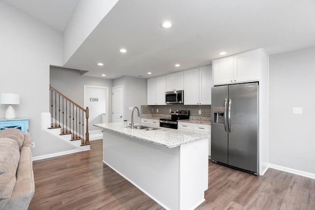 133 Lake View Cir, Waynesboro, VA 22980 - kitchen with appliances with stainless steel finishes, wood finished floors, white cabinetry, decorative backsplash, and recessed lighting