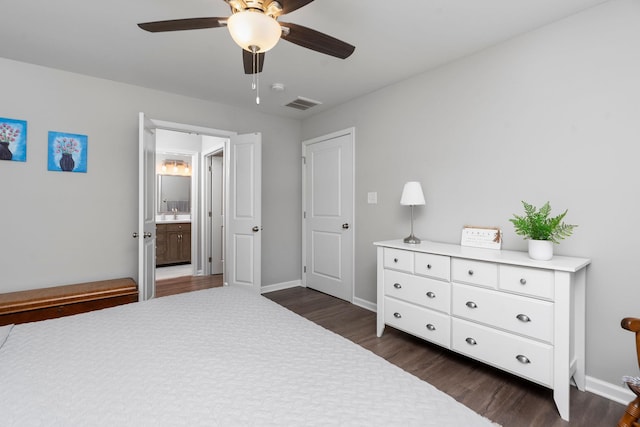 133 Lake View Cir, Waynesboro, VA 22980 - bedroom featuring dark wood-style floors, a ceiling fan, and connected bathroom