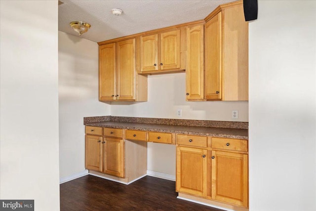  - kitchen featuring dark wood finished floors and dark countertops