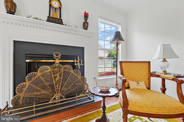 sitting room with wood finished floors, crown molding, and a fireplace