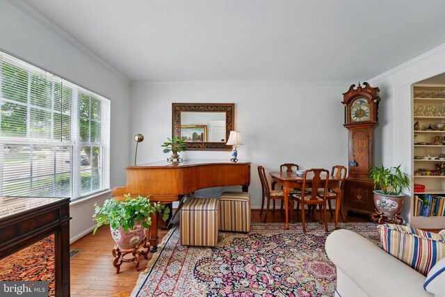 living area with plenty of natural light, ornamental molding, wood finished floors, and baseboards
