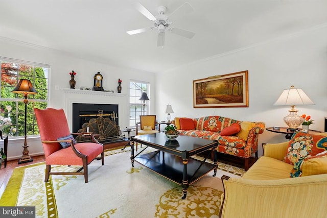 living area with wood finished floors, a glass covered fireplace, plenty of natural light, a ceiling fan, and crown molding