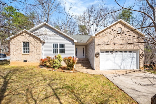 ranch-style home with an attached garage, concrete driveway, brick siding, and crawl space