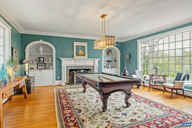 3220 Longdale Furnace Rd, Clifton Forge, VA 24422 - recreation room featuring pool table, crown molding, light wood-style floors, a high end fireplace, and built in features