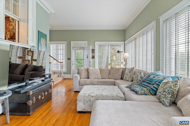 3220 Longdale Furnace Rd, Clifton Forge, VA 24422 - living area with light wood-style flooring, healthy amount of natural light, and crown molding