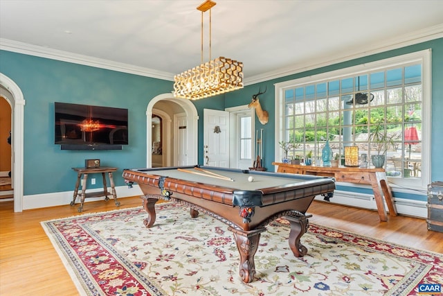 3220 Longdale Furnace Rd, Clifton Forge, VA 24422 - rec room with arched walkways, crown molding, wood finished floors, pool table, and baseboards