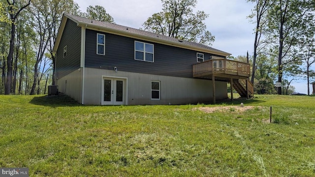 176 Tussing Ln, Rochelle, VA 22738 - back of house with french doors, a wooden deck, central AC unit, stairway, and a yard