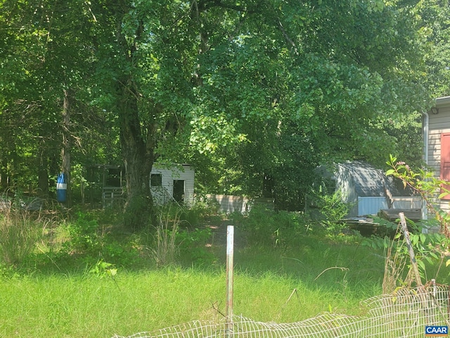 view of yard featuring a storage shed and an outdoor structure