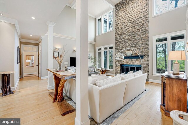 87 River Bend Rd E, Fredericksburg, VA 22407 - living room with plenty of natural light, a high ceiling, light wood-type flooring, baseboards, and crown molding