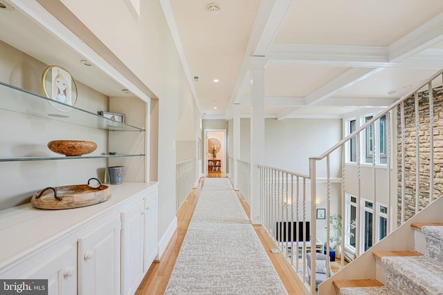 87 River Bend Rd E, Fredericksburg, VA 22407 - hallway with light wood-style floors, beamed ceiling, coffered ceiling, stairs, and ornamental molding