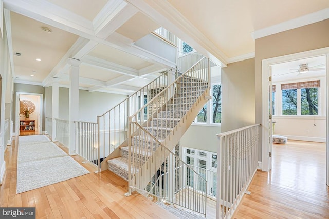 87 River Bend Rd E, Fredericksburg, VA 22407 - staircase with hardwood / wood-style flooring, healthy amount of natural light, crown molding, baseboards, and beam ceiling