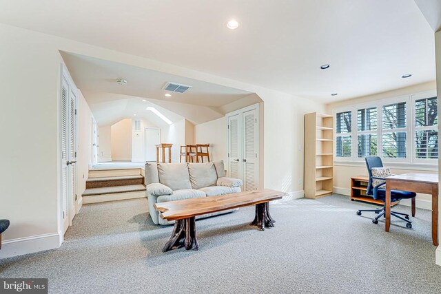 87 River Bend Rd E, Fredericksburg, VA 22407 - carpeted living room with baseboards, an office area, vaulted ceiling, and recessed lighting