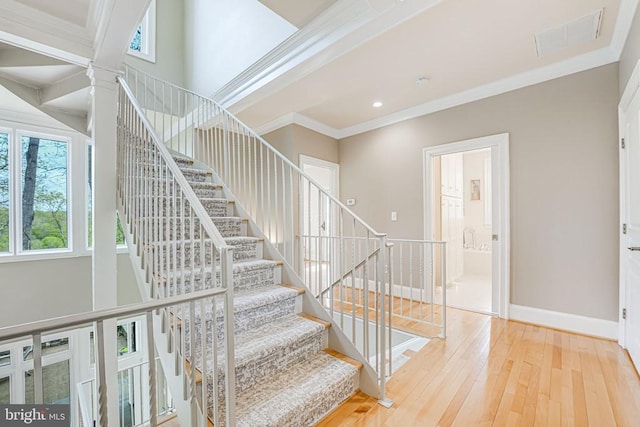 87 River Bend Rd E, Fredericksburg, VA 22407 - stairway featuring hardwood / wood-style floors, crown molding, baseboards, and recessed lighting