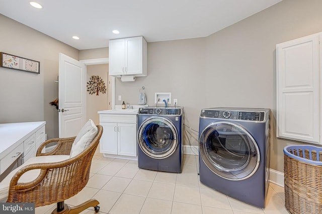 87 River Bend Rd E, Fredericksburg, VA 22407 - laundry area featuring cabinet space, washing machine and dryer, light tile patterned floors, recessed lighting, and baseboards