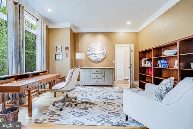 87 River Bend Rd E, Fredericksburg, VA 22407 - office area featuring ornamental molding, wood finished floors, and recessed lighting