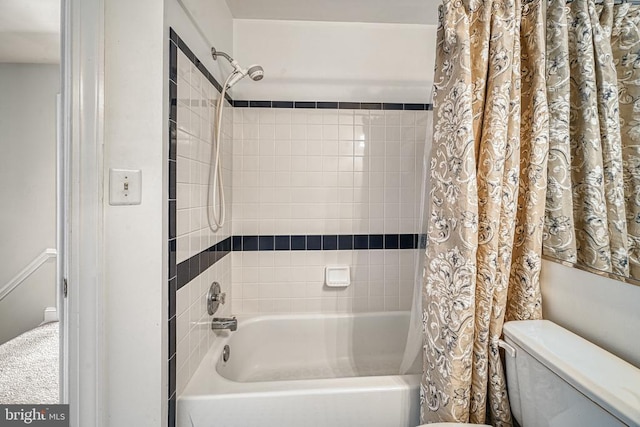 full bathroom with toilet and shower / bath combination with curtain