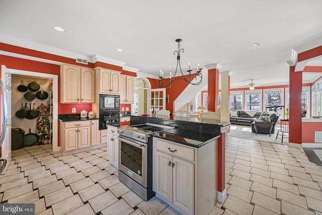 kitchen with ornamental molding, visible vents, ceiling fan with notable chandelier, open floor plan, and electric stove