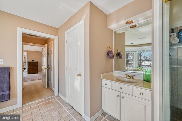 full bathroom featuring baseboards, tile patterned flooring, vanity, and visible vents