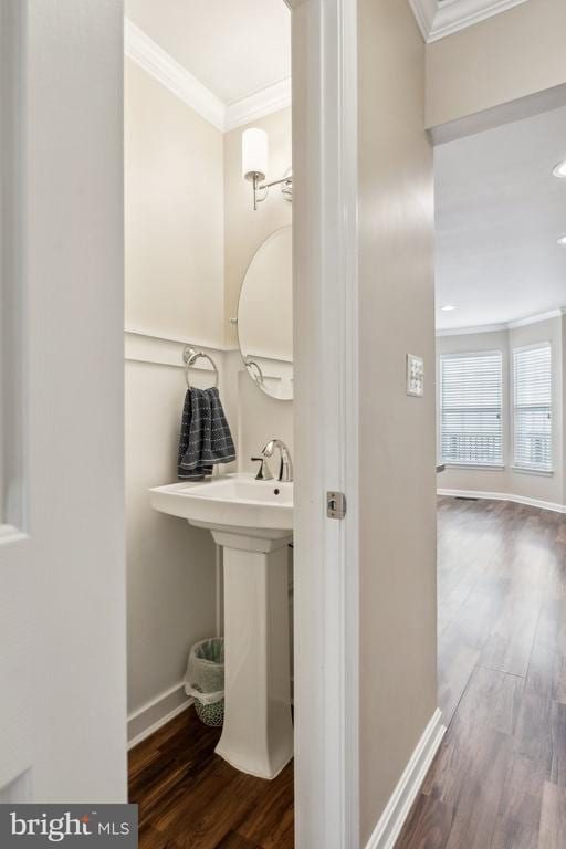 6215 Hot Spring Ln, Fredericksburg, VA 22407 - bathroom featuring ornamental molding, wood finished floors, a sink, baseboards, and recessed lighting