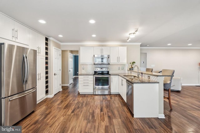 6215 Hot Spring Ln, Fredericksburg, VA 22407 - kitchen with stainless steel appliances, a sink, crown molding, a peninsula, and a kitchen breakfast bar