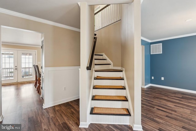 6215 Hot Spring Ln, Fredericksburg, VA 22407 - stairway with wood finished floors, french doors, ornamental molding, and baseboards