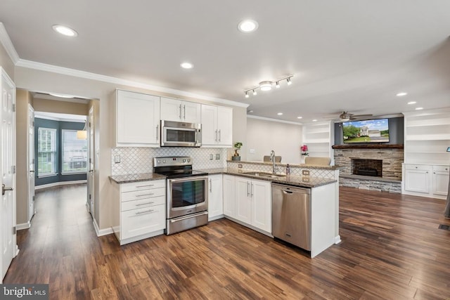 6215 Hot Spring Ln, Fredericksburg, VA 22407 - kitchen with appliances with stainless steel finishes, a sink, ornamental molding, a peninsula, and a stone fireplace
