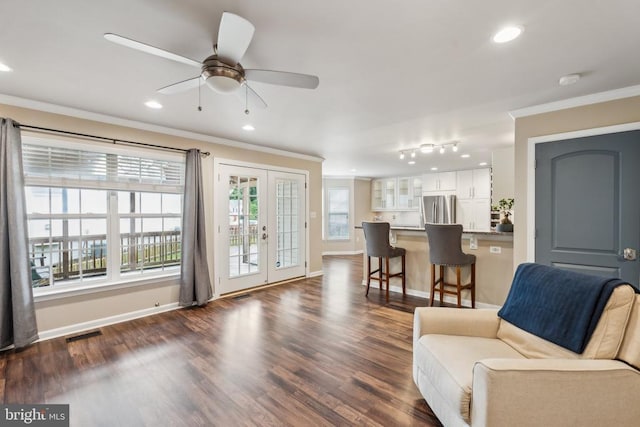 6215 Hot Spring Ln, Fredericksburg, VA 22407 - living room featuring crown molding, recessed lighting, dark wood finished floors, baseboards, and ceiling fan