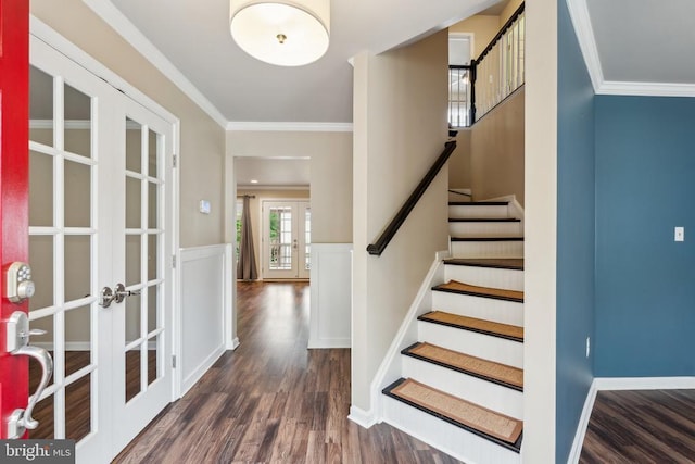 6215 Hot Spring Ln, Fredericksburg, VA 22407 - foyer entrance featuring french doors, wood finished floors, stairway, and crown molding