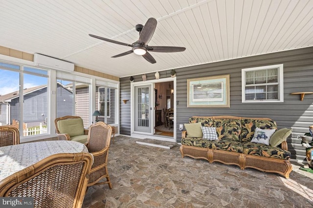 53 Arthur Ln, Luray, VA 22835 - sunroom featuring stone flooring, a wall mounted air conditioner, outdoor lounge area, a ceiling fan, and wooden ceiling