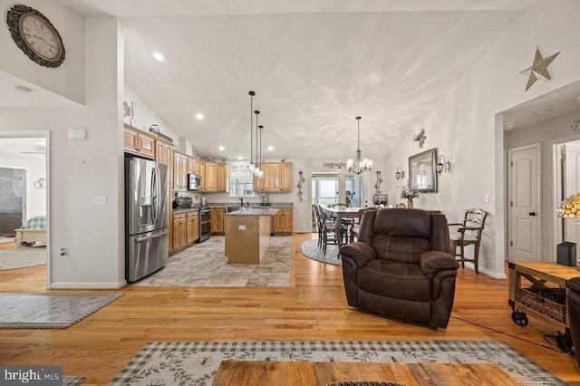 53 Arthur Ln, Luray, VA 22835 - living room featuring a chandelier, light wood-type flooring, baseboards, recessed lighting, and vaulted ceiling