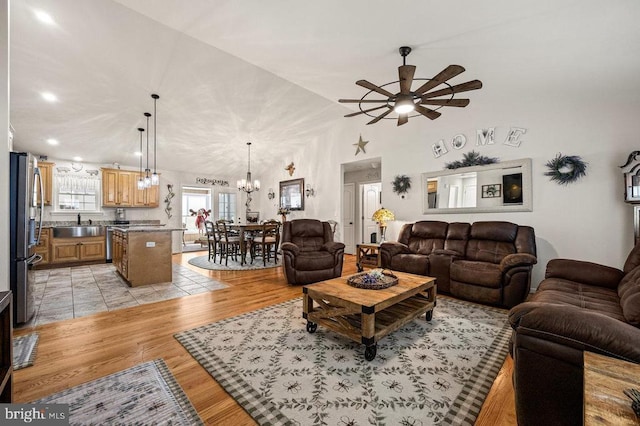 53 Arthur Ln, Luray, VA 22835 - living area featuring ceiling fan, light wood-style flooring, a chandelier, recessed lighting, and lofted ceiling