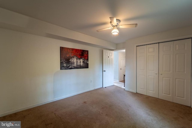 6506 Plantation Forest Dr, Spotsylvania, VA 22553 - unfurnished bedroom with baseboards, carpet flooring, a closet, and ceiling fan