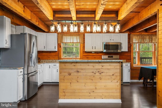 248 Wintergreen Dr, Luray, VA 22835 - kitchen featuring wooden ceiling, appliances with stainless steel finishes, light stone countertops, and dark wood-style floors
