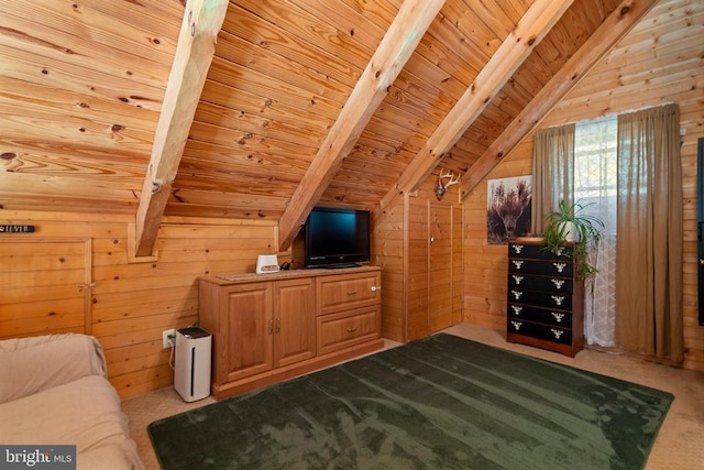 248 Wintergreen Dr, Luray, VA 22835 - carpeted living area featuring wood walls, vaulted ceiling with beams, and wood ceiling