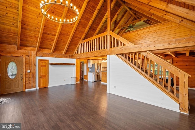 248 Wintergreen Dr, Luray, VA 22835 - unfurnished living room with wood walls, wood finished floors, beam ceiling, high vaulted ceiling, and wood ceiling