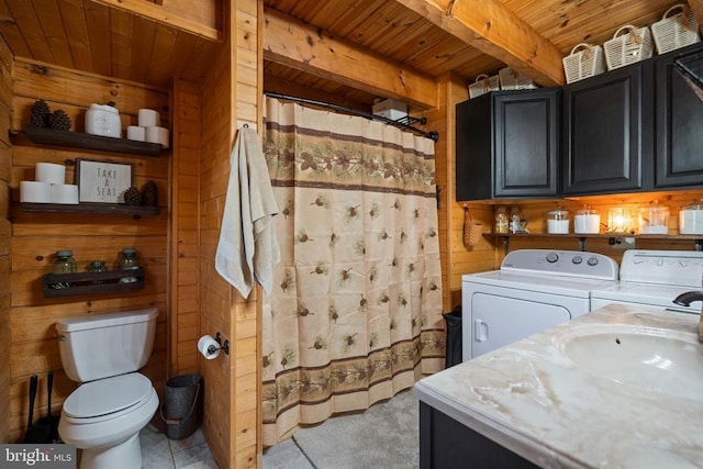 248 Wintergreen Dr, Luray, VA 22835 - full bathroom with wood walls, wood ceiling, independent washer and dryer, and beam ceiling