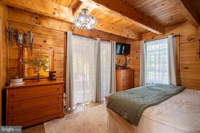 248 Wintergreen Dr, Luray, VA 22835 - bedroom featuring wooden ceiling, wood walls, wood finished floors, and beam ceiling