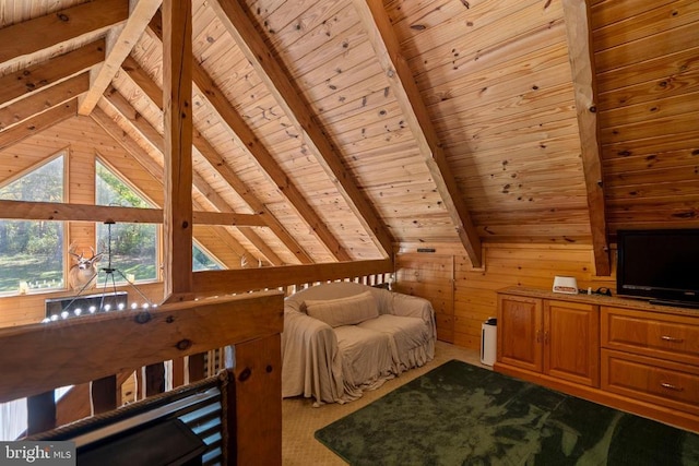 248 Wintergreen Dr, Luray, VA 22835 - carpeted bedroom with wood ceiling, wood walls, and lofted ceiling with beams