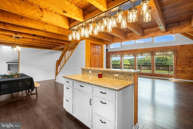 248 Wintergreen Dr, Luray, VA 22835 - kitchen featuring wooden walls, wood ceiling, beamed ceiling, and dark wood-type flooring