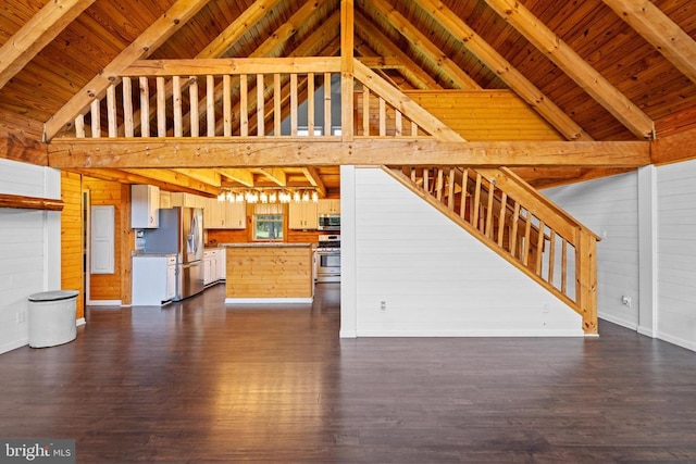 248 Wintergreen Dr, Luray, VA 22835 - unfurnished living room with wood ceiling, wooden walls, dark wood-style flooring, and beamed ceiling